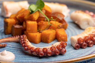 Octopus tentacles served with sweet potatoes isolate