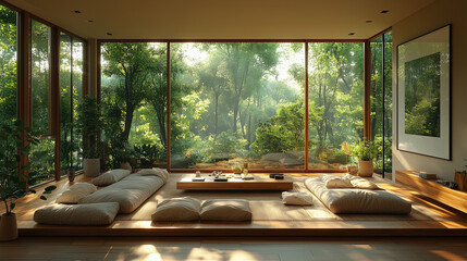 Fototapeta premium Tranquil indoor space with forest view and natural light