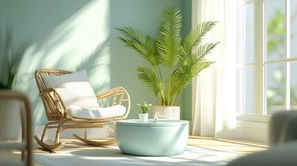 Obraz premium A bright and inviting living room featuring a palm on a light blue round table, complemented by a rocking chair and a cozy sofa for a fresh feel.