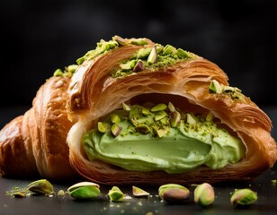 un croissant relleno de crema de pistacho, con virutas de pistacho encima, partido por la mitad