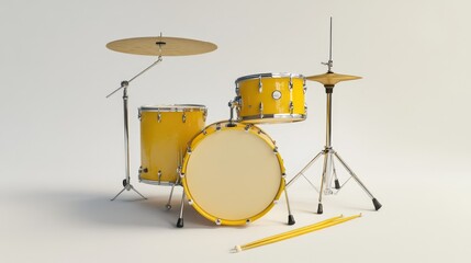 A bright and lively drum set, separated on a white background, with drumsticks laid carefully on the snare, rendered in 3D