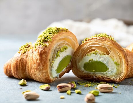 un croissant relleno de crema de pistacho, con virutas de pistacho encima, partido por la mitad
