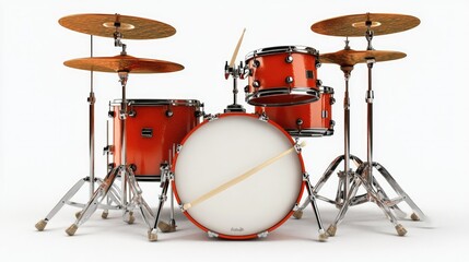 A bright and lively drum set, separated on a white background, with drumsticks laid carefully on the snare, rendered in 3D