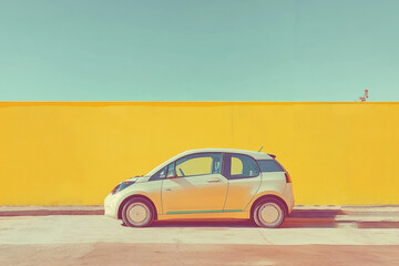 Compact car against a vibrant yellow wall, minimal urban scene...