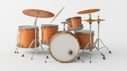 A bright and modern drum set, neatly arranged apart on a clean white background, featuring drumsticks placed on the snare, rendered in 3D