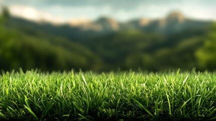 Close-up of lush green grass with a blurred background of a mountain range. The sunlight illuminates the blades, creating a vibrant scene.