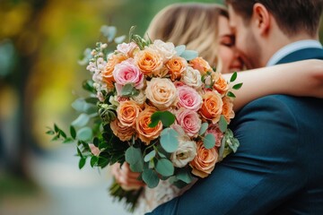A man in a business suit holds a bright bouquet of flowers, perfect for office celebrations or romantic gestures