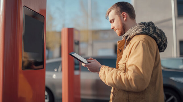 Man scanning QR code at electric charging station in winter city...