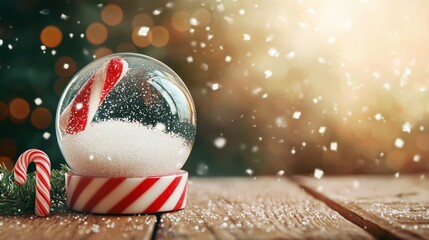 Vintage Snow Globe & Candy Canes on Oak Table