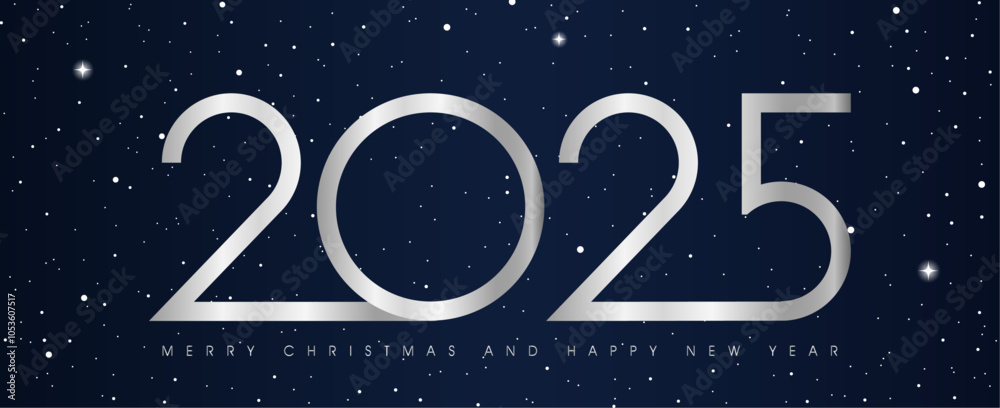 Poster happy new year 2025 modern text vector luxury design silver color line on black background with snow
