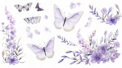 lavender objects isolated on a white background, blades of grass and flowers in watercolor style, set collection