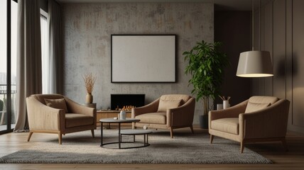 Fototapeta premium Elegant Living Room With Minimalist Design And Framed Artwork