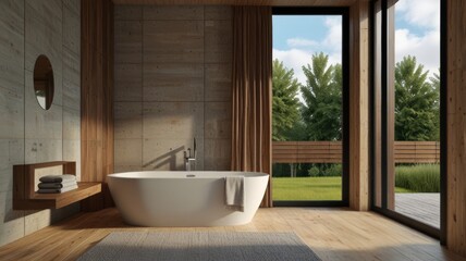 Fototapeta premium Minimalistic Bathroom Design in Brown Tones with Large Panoramic Windows 