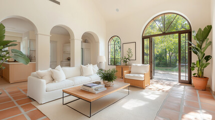 Fototapeta premium Bright and airy modern living room with natural elements