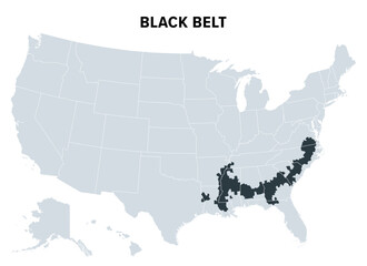 Fototapeta premium Black Belt in the American South, political map. Area so called in days of cotton plantation economy, because of its dark, fertile soils and later because of the high proportion of African Americans.
