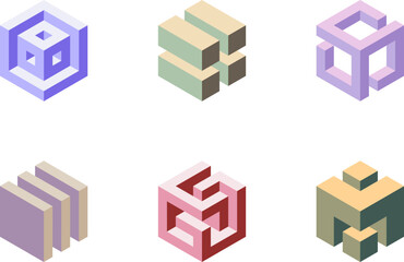 Cube logo, geometric vector design. Set box logotype company, trendy techno emblem in isometric 3D style.