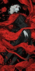 A mysterious figure draped in red roses and wearing a flowing cape stands against a dark backdrop, exuding an enchanting and eerie atmosphere