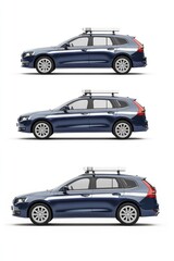 Fototapeta premium Four views of a blue car with a roof rack, suitable for travel or adventure themes