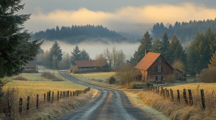 Obraz premium A winding road through a foggy forest leads to a secluded brick house.