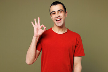 Young smiling happy satisfied cool middle eastern man he wear red t-shirt casual clothes show ok...