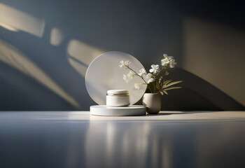 A white cream jar sits on a podium with a white circle behind it, illuminated by sunlight. Flowers in a vase and the reflected light create a minimalistic still life.