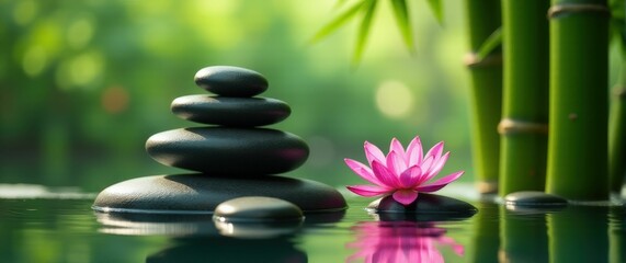 Stacked black stones with a pink lotus and green foliage for a harmonious and peaceful spa setting.