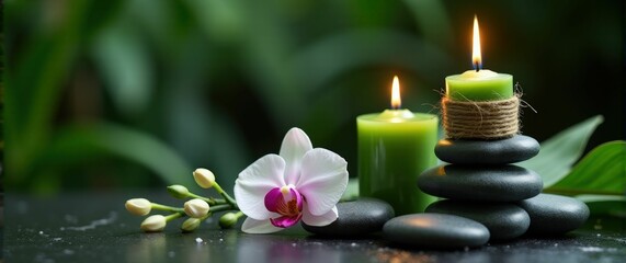 Green candle with an orchid flower in a lush setting creates a cozy and peaceful spa ambiance.