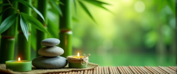Obraz premium Stacked stones with a candle in a bamboo forest backdrop provide a tranquil spa experience.