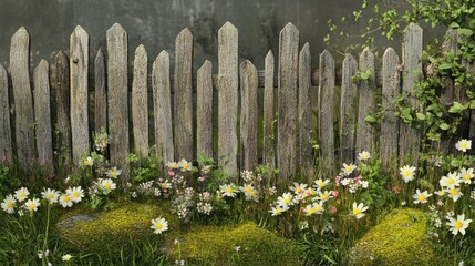 A charming rustic fence made of wooden planks, surrounded by delicate wildflowers and patches of lush, green moss in a natural, tranquil environment