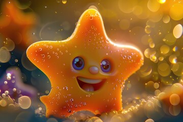 A happy yellow starfish with a bright smile, perfect for illustrations and designs related to ocean creatures or children's products