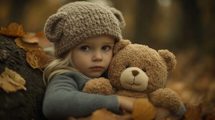 A girl with a teddy bear sits on a tree stump surrounded by autumn leaves in a forest