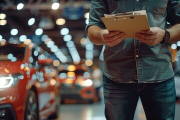 A person holds a tablet near a bright red car, suitable for uses such as technology tutorials or automotive marketing