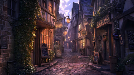 Fototapeta premium A medieval alleyway at dusk, lined with quaint, timber-framed buildings and cobblestone streets. Ivy creeps up walls, lanterns glow against moonlit shadows, signs hang above small shop entrances.