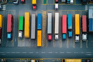 Aerial view of cargo trucks lining up at a border crossing, international trade, logistics bottleneck, busy roads, cross-country shipment, customs, border security, organized lines, trucking industry.