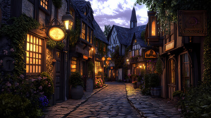 Fototapeta premium A medieval alleyway at dusk, lined with quaint, timber-framed buildings and cobblestone streets. Ivy creeps up walls, lanterns glow against moonlit shadows, signs hang above small shop entrances.