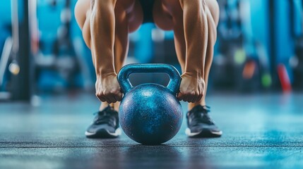 Naklejka premium A woman in a gym holding a kettlebell in a squat position.