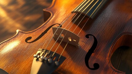 A close-up of a wooden viola, emphasizing its rich brown finish and soft beige strings, digitally created in a 3D space with a calming atmosphere