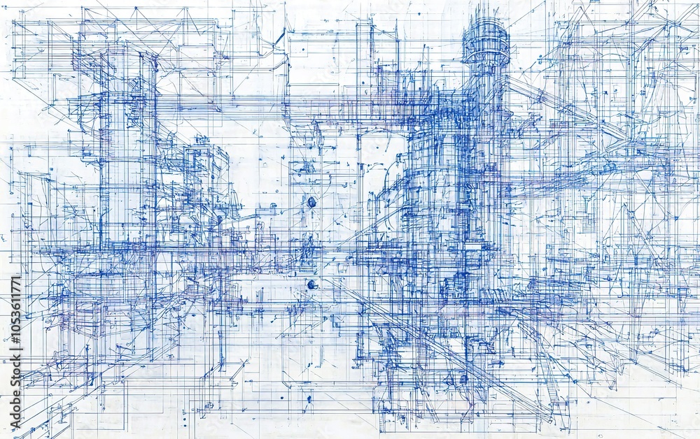 Poster abstract blueprint of industrial machinery showcasing intricate designs and structures in blue, emph