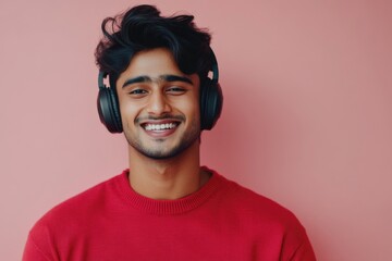 A person wearing headphones and a red sweater sitting or standing in various scenarios