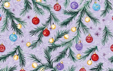 Fototapeta premium Festive holiday decorations featuring colorful ornaments and evergreen branches against a light purple background