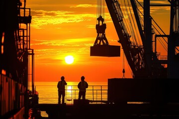 Cargo being offloaded from a container ship onto a dock, sunset over the port, cranes in silhouette, dockside operations, trade, maritime logistics, workers in action, efficient process, sunset scene.