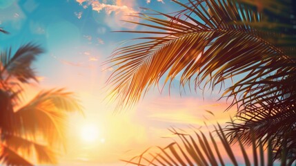 Fototapeta premium Sunset behind palm trees on a beach, a calm and peaceful scene