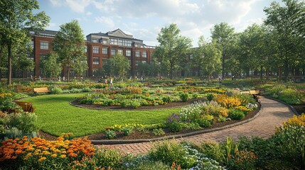 Fototapeta premium A lush, flowering garden with brick pathways in front of a brick building with a view of the sky.