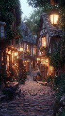 Fototapeta premium A medieval alleyway at dusk, lined with quaint, timber-framed buildings and cobblestone streets. Ivy creeps up walls, lanterns glow against moonlit shadows, signs hang above small shop entrances.