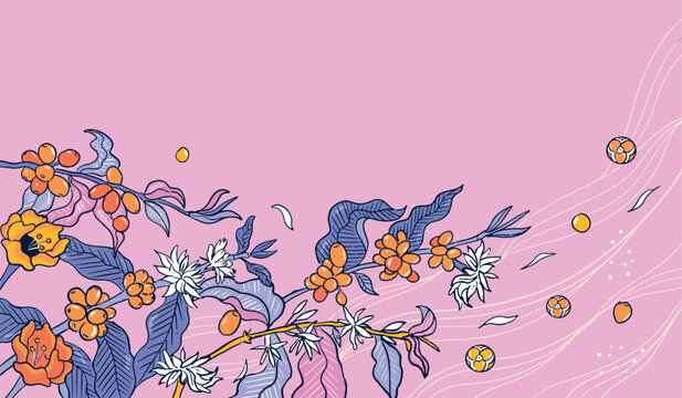 Coffee cherry plant and flowers pink pattern illustration
