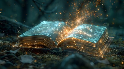 A mystical book opens in a quiet forest, emitting shimmering magic particles as dusk approaches