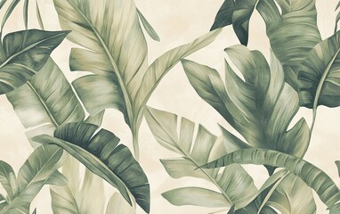 Lush green tropical leaves pattern on a soft beige background, showcasing various shapes and sizes in a harmonious arrangement