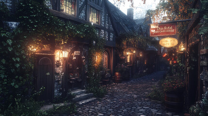 Fototapeta premium A medieval alleyway at dusk, lined with quaint, timber-framed buildings and cobblestone streets. Ivy creeps up walls, lanterns glow against moonlit shadows, signs hang above small shop entrances.