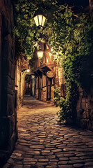 Naklejka premium A medieval alleyway at dusk, lined with quaint, timber-framed buildings and cobblestone streets. Ivy creeps up walls, lanterns glow against moonlit shadows, signs hang above small shop entrances.