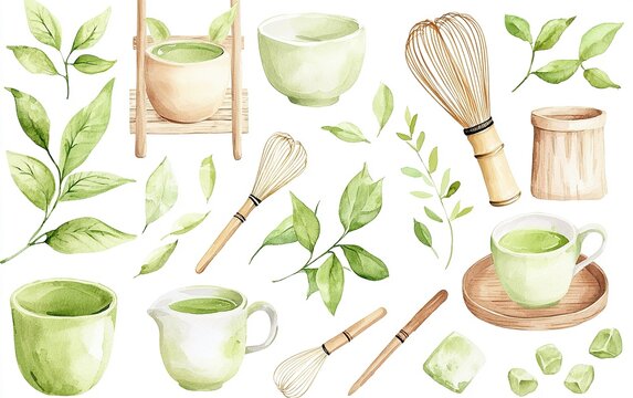 Illustration of green tea essentials with utensils, leaves, and cups reflecting a serene tea-making experience